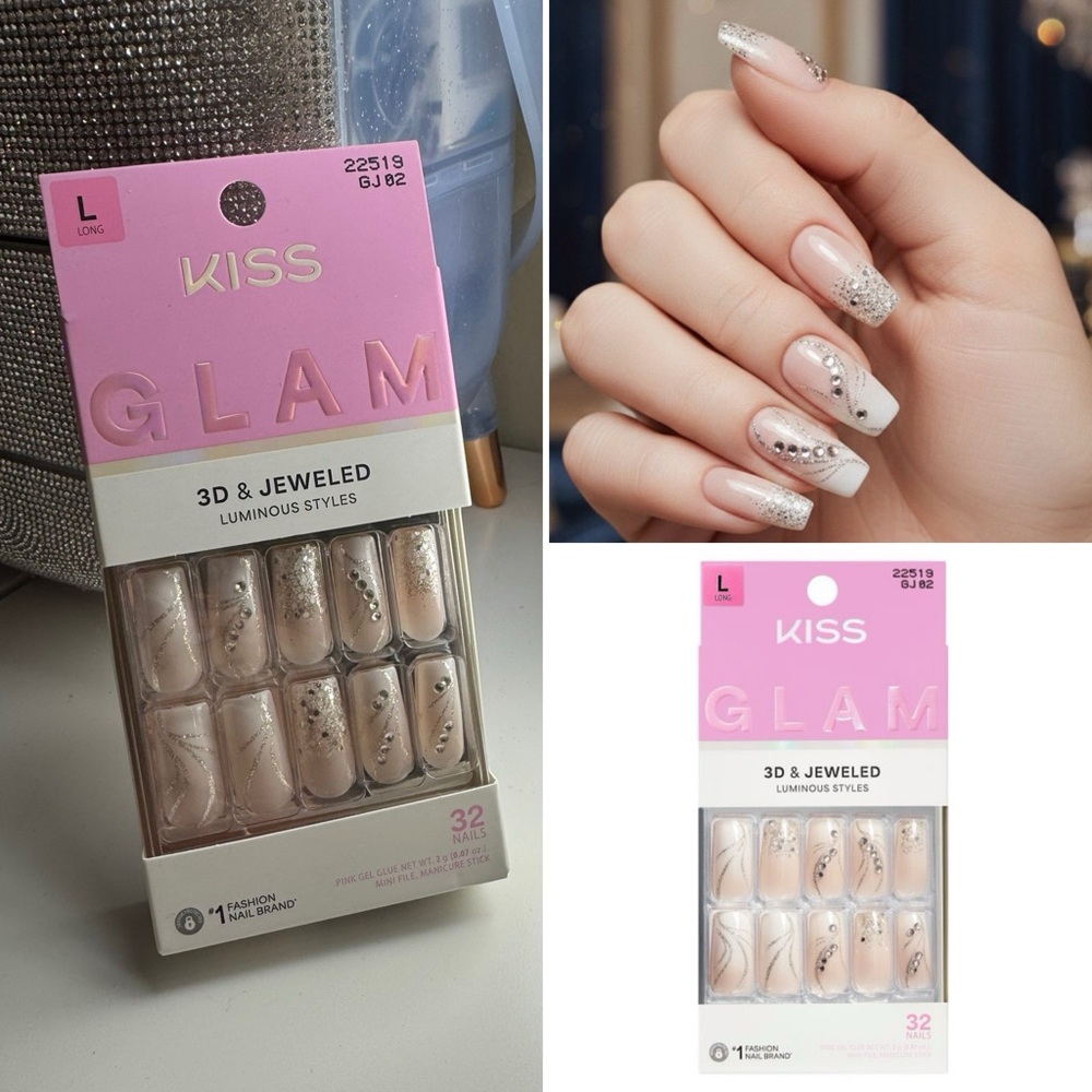 3/$15 KISS GLAM 3D Jewel Press On Nails “Wrapped in Beauty” Neutral Long Square